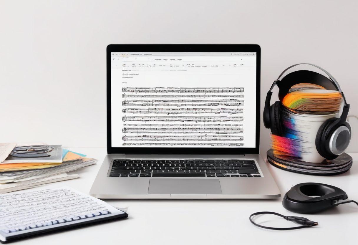 A vibrant scene depicting a music lover's workspace with a laptop displaying a lyrics search engine, surrounded by floating musical notes and song lyrics. Include elements like headphones, a cup of coffee, and a stack of vinyl records. The background should feature a blend of colorful sound waves. super-realistic, vibrant colors, white background.