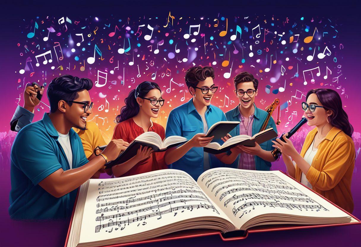 A digital illustration of a diverse group of people joyfully exploring a giant open songbook, where the pages transform into a vibrant digital interface with musical notes, magnifying glasses, and chat bubbles containing lyrics. The background should feature a blend of traditional musical instruments and modern tech gadgets, symbolizing the fusion of music and technology. colorful and dynamic. vector art.